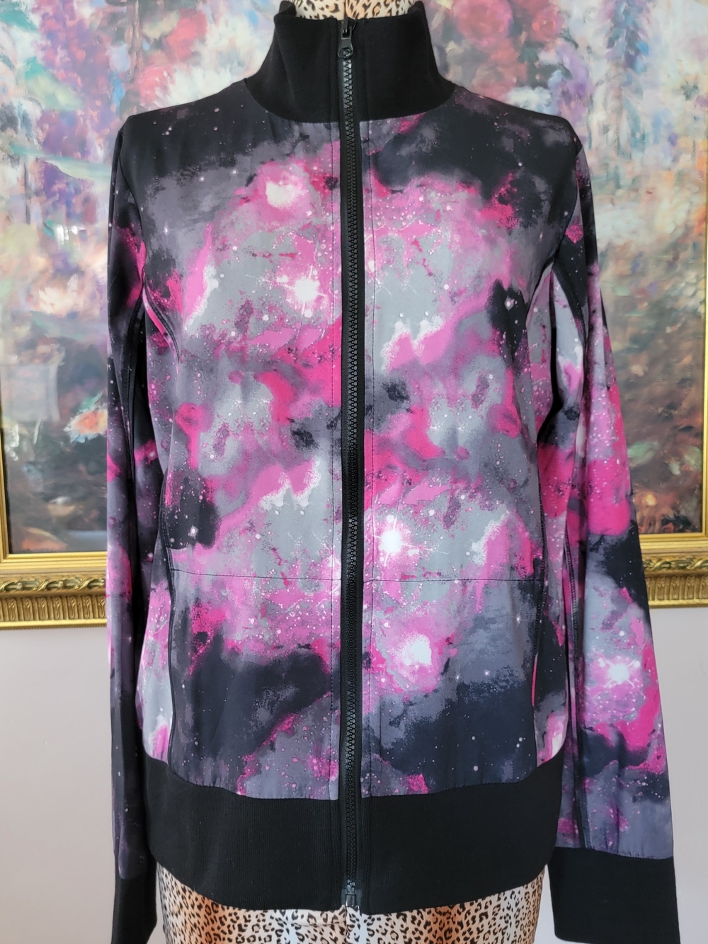Abstract Pink & Gray Full-Zip Bomber Jacket